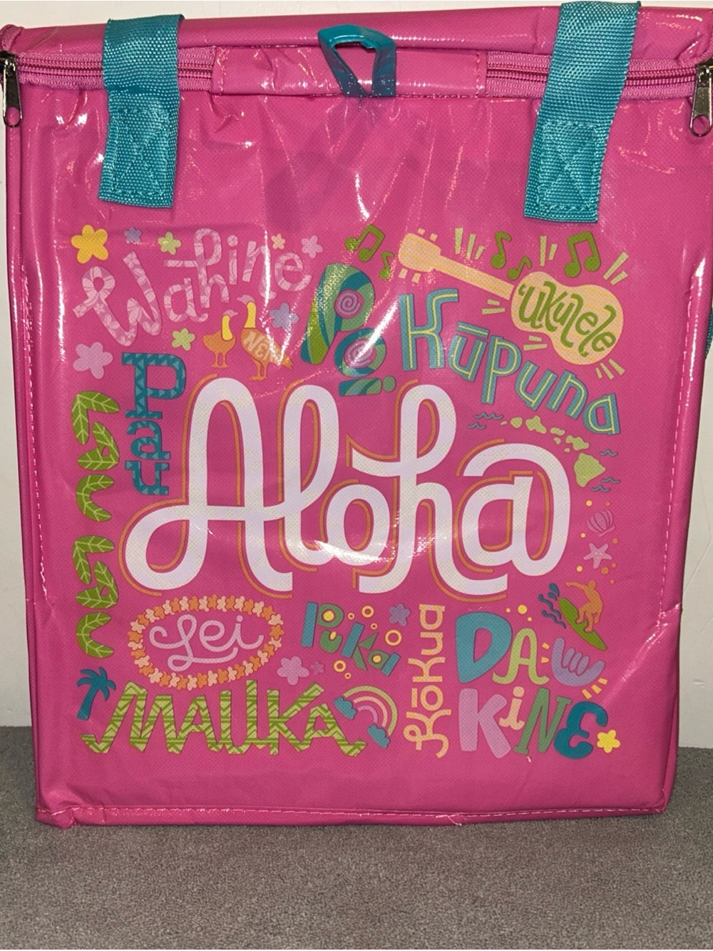 Hawaii Foodland Insulated Reusable Grocery Tote Bag, Pink “Aloha” 13”x12”x8.5”
